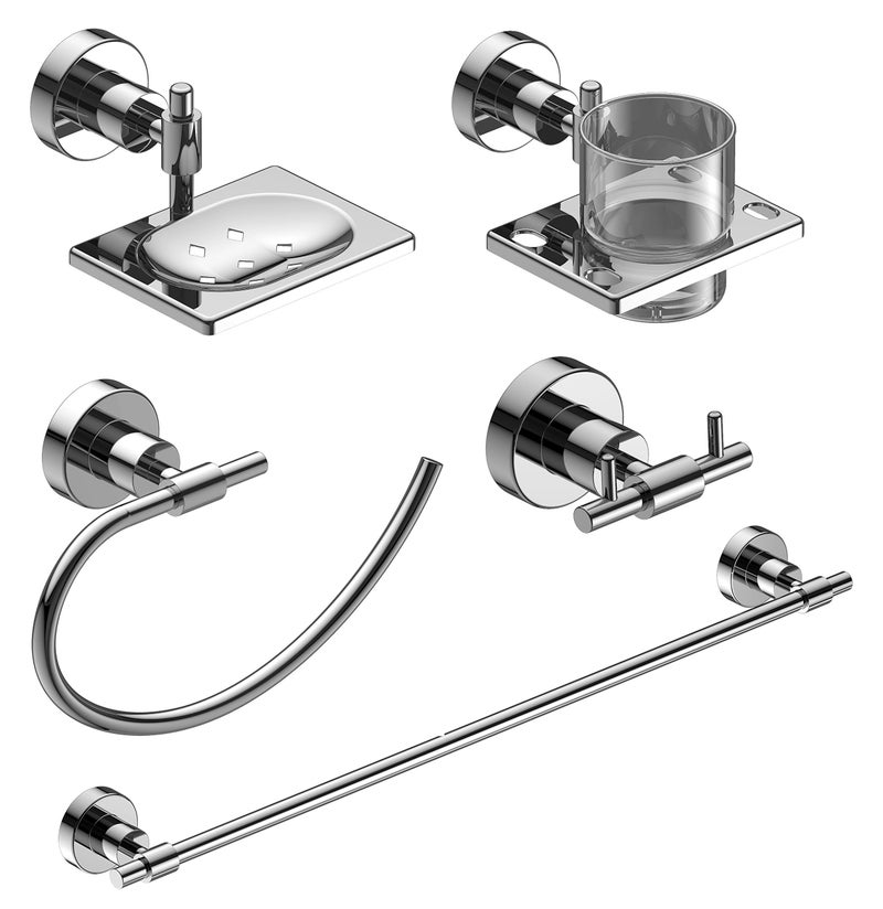 Amity Sogo Bath Fittings | Bathroom Accessories Set (Pack of 5, Robe Hook, Soap Dish, Tumbler Holder, Napkin Hanger, Towel Rod), Wall Mounted set for Bathroom, Stainless Steel with Chrome Finish - Image 1