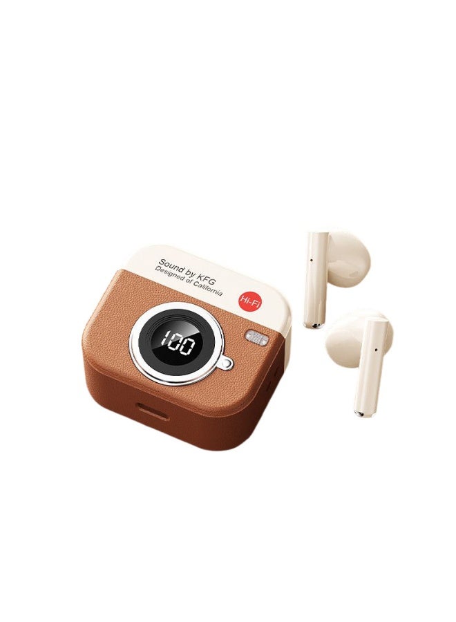 A new model of in-ear wireless Bluetooth headphones with a retro camera style, suitable for sports, featuring noise reduction function, in-ear design, and long battery life