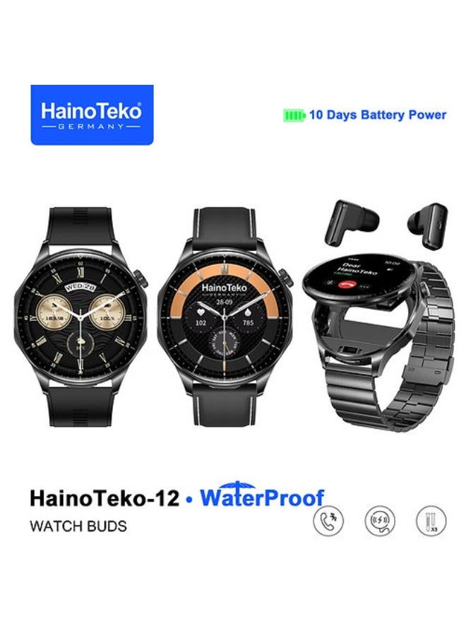Haino Teko Hino Teko-12 Buds Smartwatch features an AMOLED screen, is waterproof and can withstand low temperatures with an IP68 rating, comes with Bluetooth earphones built into the smartwatch with noise-canceling capability, phone connectivity, and a battery that lasts up to 10 days. - Image 1