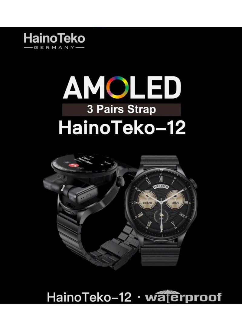 Haino Teko Hino Teko-12 Buds Smartwatch features an AMOLED screen, is waterproof and can withstand low temperatures with an IP68 rating, comes with Bluetooth earphones built into the smartwatch with noise-canceling capability, phone connectivity, and a battery that lasts up to 10 days. - Image 3