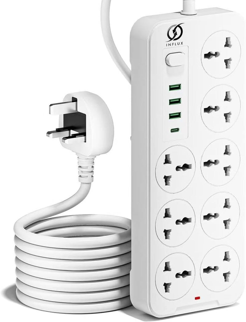 انفلكس سلك تمديد مع 8 منافذ، سلك بطول 3 أمتار مع منافذ USB ونوع C، واقي من زيادة التيار ومحول متعدد المقابس، محور USB ذكي مع مقبس - مثالي للألعاب مع قابس مدمج 13 أمبير - Image 1