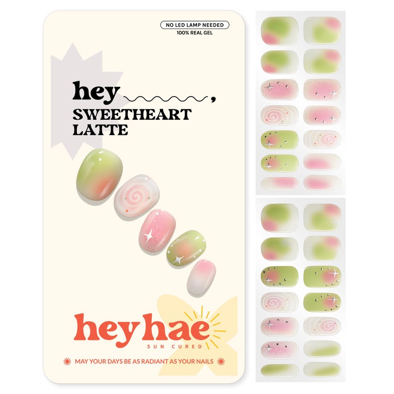 Heyhae Semi Cured Gel Nail Strips | No LED Lamp Needed | Fall, Glam, Pink | Easy Apply & Remove, Salon Quality | Includes 28 Strips, 1 Prep Pads, Nail File & Wooden stick - Hey, Sweetheart Latte - Image 1