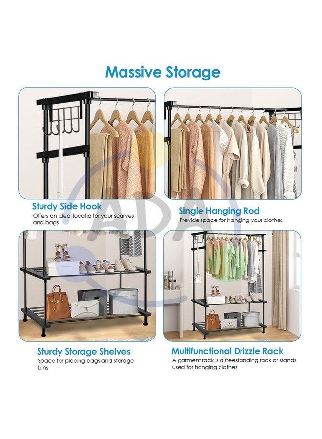 ADA ADA® Premium High Density Drizzle Metal Garment Rack with 10 Side Hooks and 2 Lower Shelves | Heavy Duty Multifunctional Clothes Rack - Black (84 x 31 x 140cm)  - Image 3