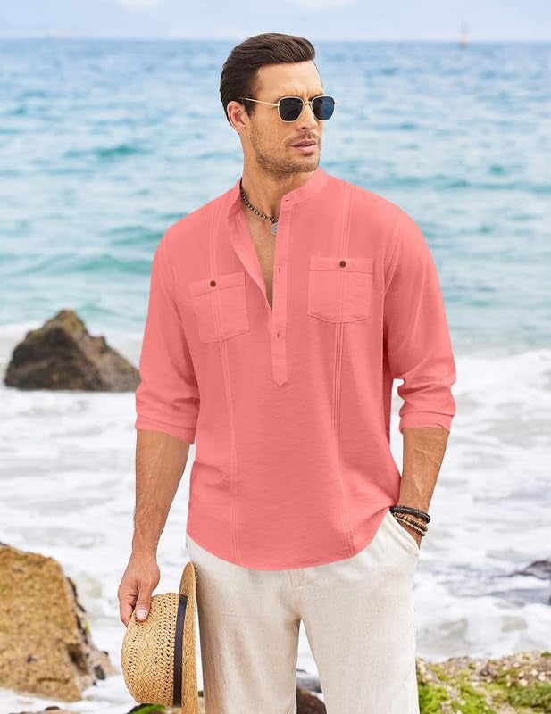 Macsivo Cotton Blend Solid Casual Short Kurta for Men Long Sleeve Mandarin Collar Stylish Shirt Kurta for Men Peach - Image 5