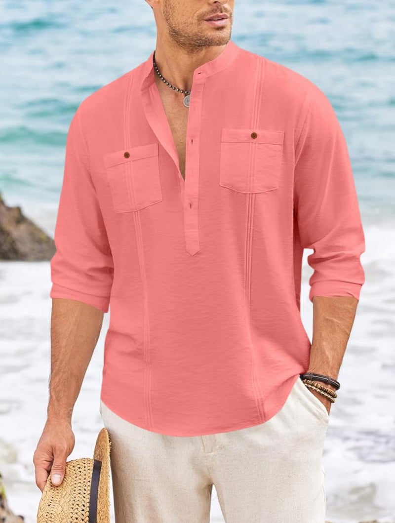 Macsivo Cotton Blend Solid Casual Short Kurta for Men Long Sleeve Mandarin Collar Stylish Shirt Kurta for Men Peach - Image 2