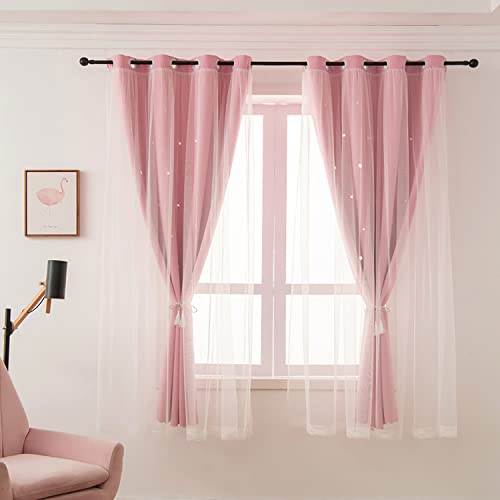 LUGOTAL Pink Curtains for Girls Bedroom Kids Baby Room Decor Cute Double Layer Star Cutout Curtains Room Darkening Window Curtain for Nursery (Pink, 42W x 84L,2 Panels) - Image 2