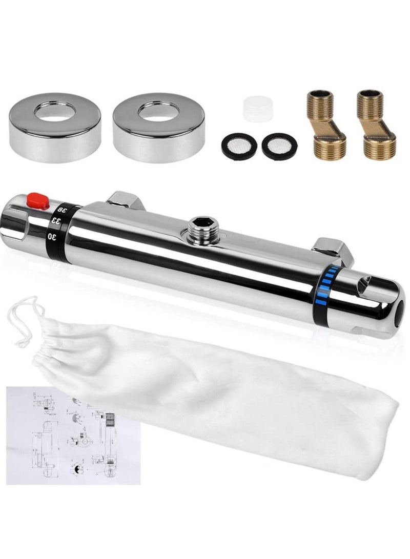 Chrome Thermostatic Shower Mixer, Solid Brass Bathroom Thermostat Bar Valve Anti Scald Tap, Top Outlet Design, Constant Temperature Control, Hot & Cold Water Mixer(Top 1/2") - Image 2