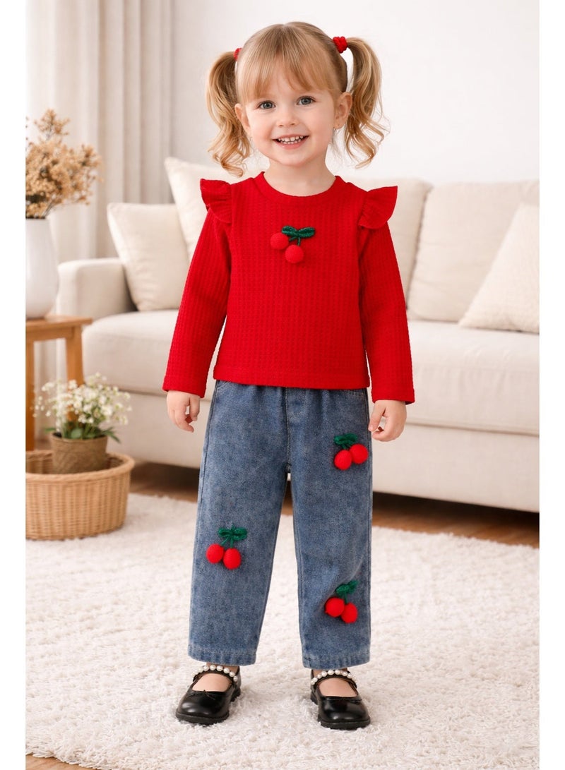 Smarties AE Girls 2-Piece Outfit Set – Cherry Embroidered Red Top & Denim Pants – Toddler Girls Clothing Set (18 Months – 3 Years) | Casual & Party Wear - Image 1