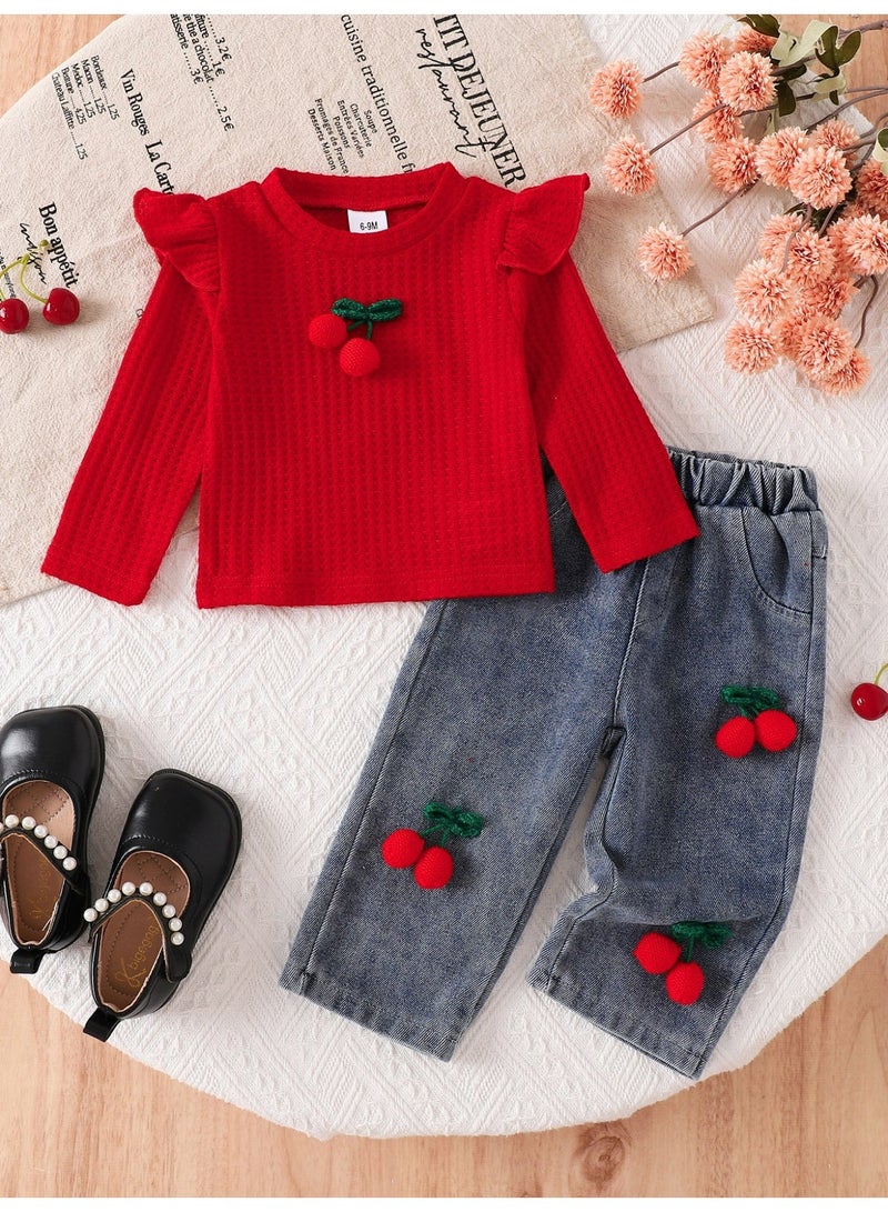 Smarties AE Girls 2-Piece Outfit Set – Cherry Embroidered Red Top & Denim Pants – Toddler Girls Clothing Set (18 Months – 3 Years) | Casual & Party Wear - Image 2