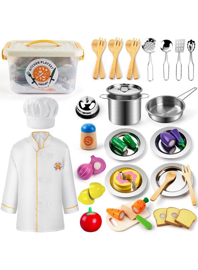 Juboury Pretend Play Kitchen Set Toy Kitchen Accessories With Stainless Steel Cookware Pots And Pans Plates Cooking Utensils Kids Chef Coat & Hat Wooden Play Food For Kids Girls Boys Toddlers  - Image 1