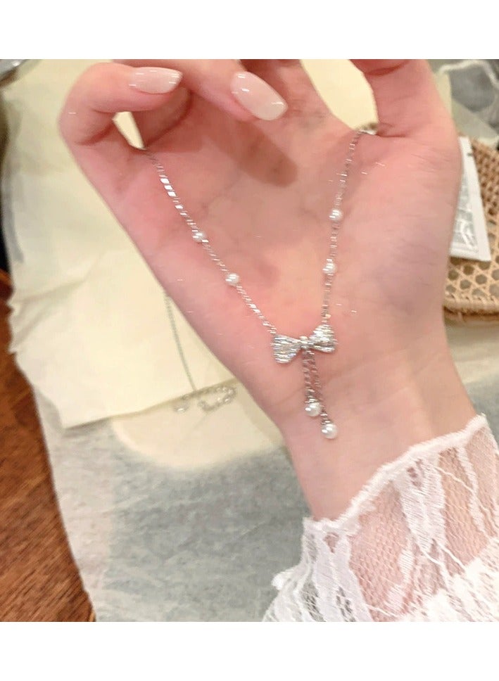جلوسكي Elegant Pearl Bow Tassel Necklace – Light Luxury Feminine Pendant, Dainty Collarbone Chain for Women, Daily/Parties Wear - Image 4