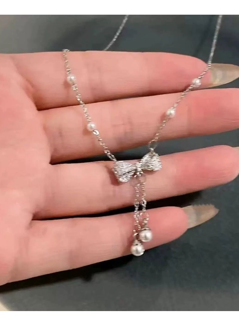 جلوسكي Elegant Pearl Bow Tassel Necklace – Light Luxury Feminine Pendant, Dainty Collarbone Chain for Women, Daily/Parties Wear - Image 2