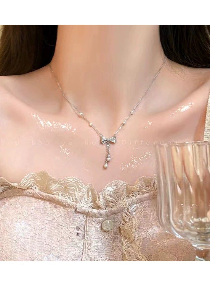جلوسكي Elegant Pearl Bow Tassel Necklace – Light Luxury Feminine Pendant, Dainty Collarbone Chain for Women, Daily/Parties Wear - Image 3