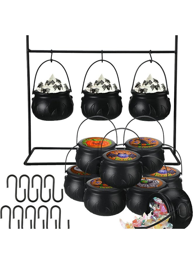 HI-FINE 9 Pack Small Halloween Witch Cauldron Candy Bowl Plastic Black Cauldron Serving Bowls with Halloween Cauldron On Rack and 9 Pack Hook for Halloweens Party Decoration - Image 1
