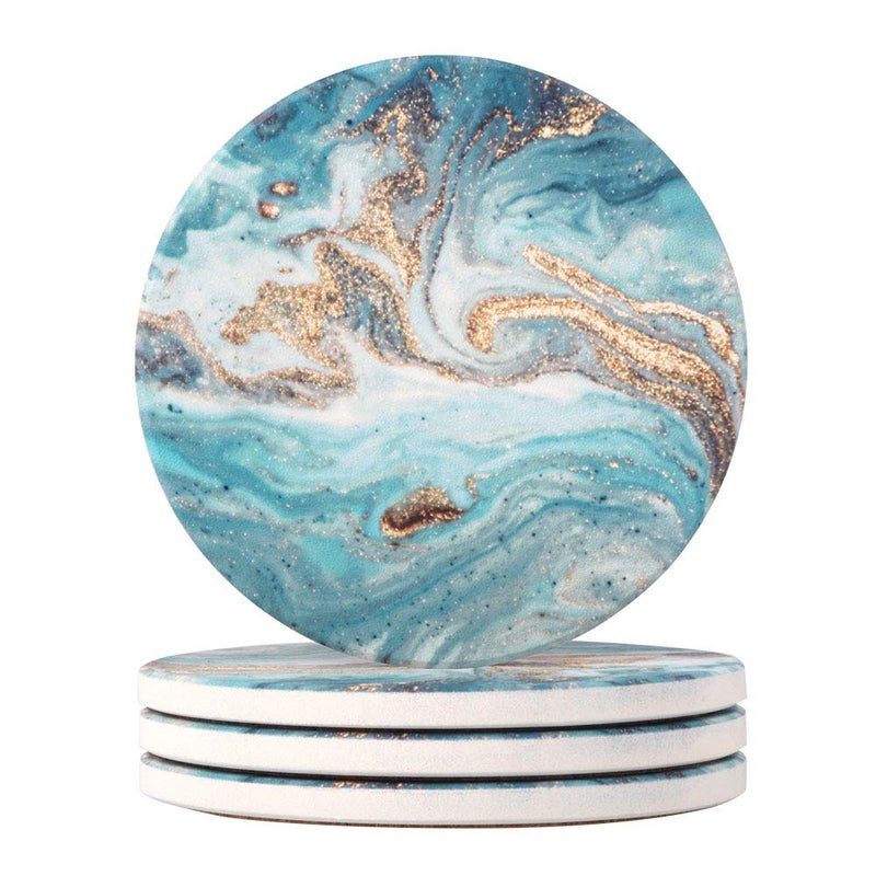 Lahome Marble Style Coasters  Round Drinks Absorbent Stone Coaster Set with Ceramic Stone and Cork Base for Kinds of Mugs and Cups Blue 4
