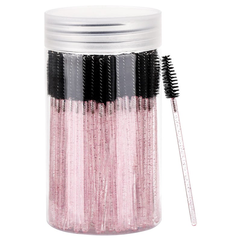 Tbestmax 100 Pcs Disposable Mascara Wands, Crystal Eyebrow Spoolies Brush for Eyelash Extensions, Lash Brushes with Container (Black, Pink) - Image 1