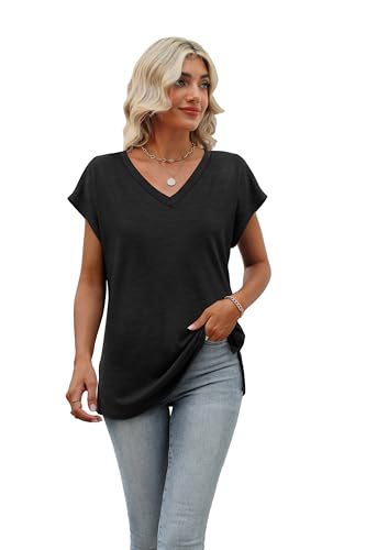 SAMPEEL Womens Tops Short Sleeve 2025 Summer Tops V Neck Dressy Casual Loose Fit Shirts Black 2XL - Image 2