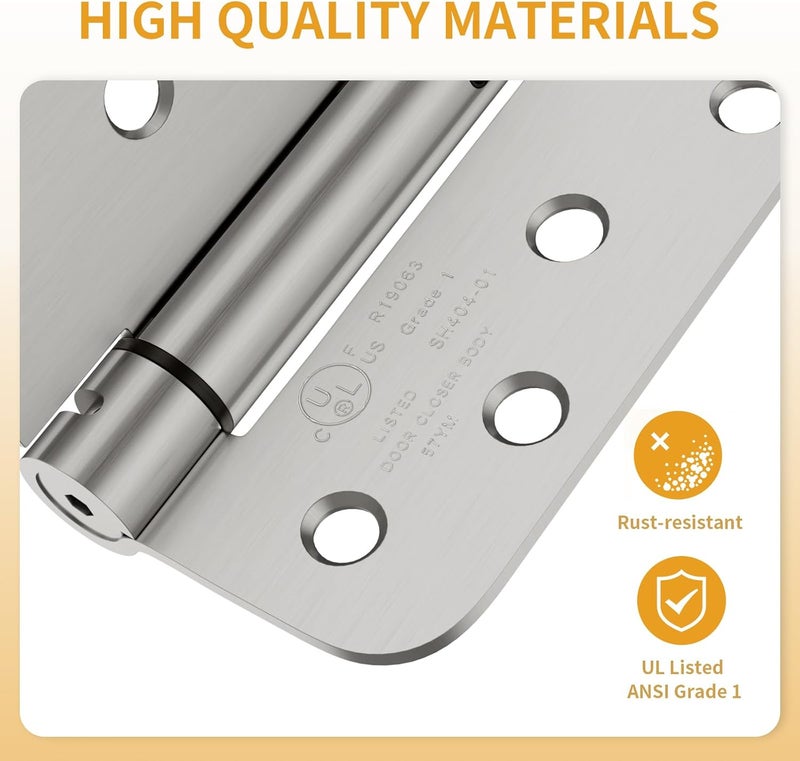 Luxbaro 2 Pack Self Closing Door Hinges, 4 Inch Spring Loaded Hinges for Doors, Adjustable Tension for Garage, Front Door, Back Door, for Left and Right Hand Door, 5/8'' Radius Corners, UL Listed - Image 3