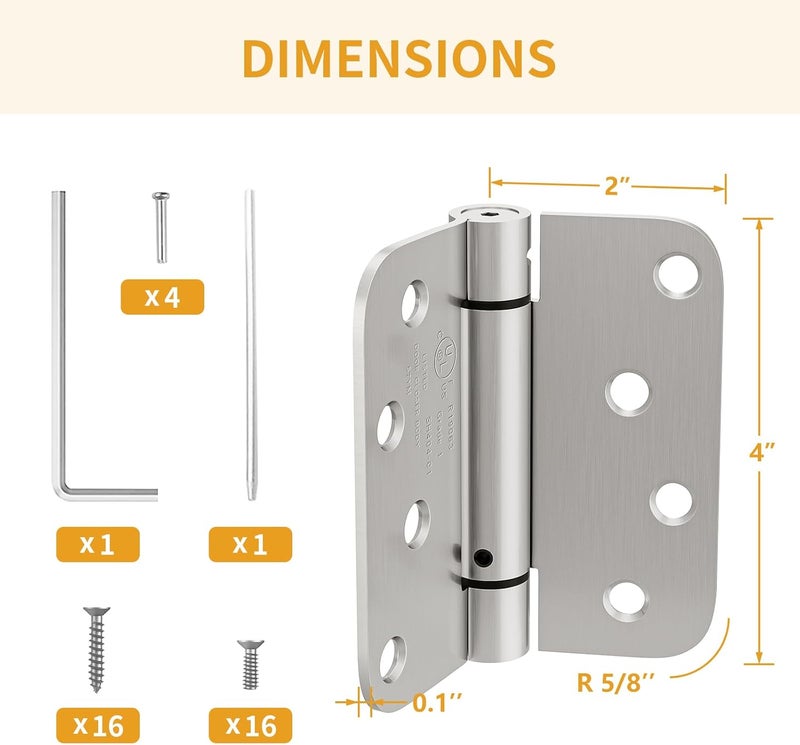 Luxbaro 2 Pack Self Closing Door Hinges, 4 Inch Spring Loaded Hinges for Doors, Adjustable Tension for Garage, Front Door, Back Door, for Left and Right Hand Door, 5/8'' Radius Corners, UL Listed - Image 2
