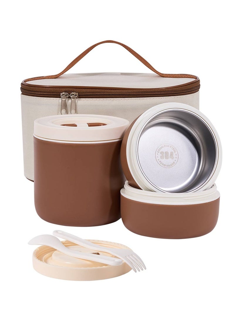 LKTOCAFT Lunch Box For Adults, Stainless Steel Insulated Lunch Box With Bag, Portable Bento Box With 3 Pcs Leak-Proof  Food Container, Microwave And Dishwasher Safe, Work And Picnic, Brown  - Image 1