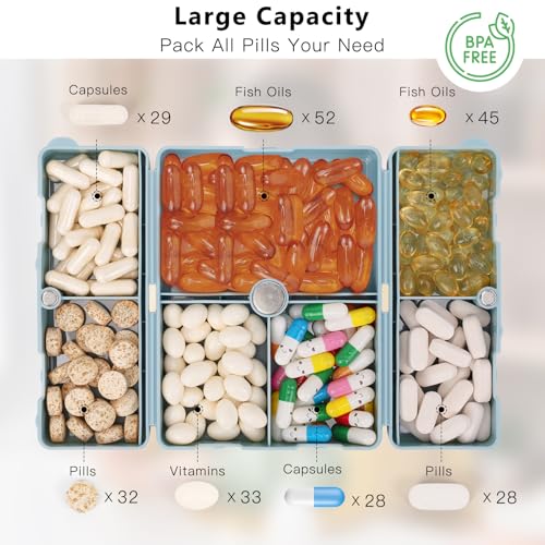 FYY Daily Pill Organizer,7 Compartments Portable Travel Pill Case/Box for Purse Pocket to Hold Vitamins,Cod Liver Oil,Supplements and Medication-SkyBlue, [Folding Design] - Image 2