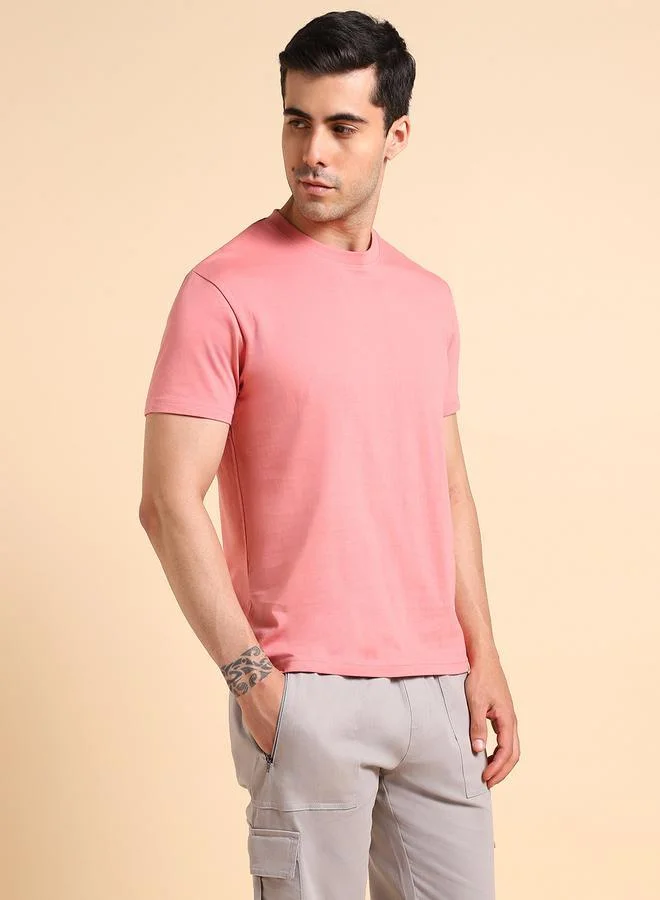 دينيس لينغو Pink Regular Fit T-shirt for Men - 100% Cotton, Solid, Crew Neck, Half Sleeves, Casual,