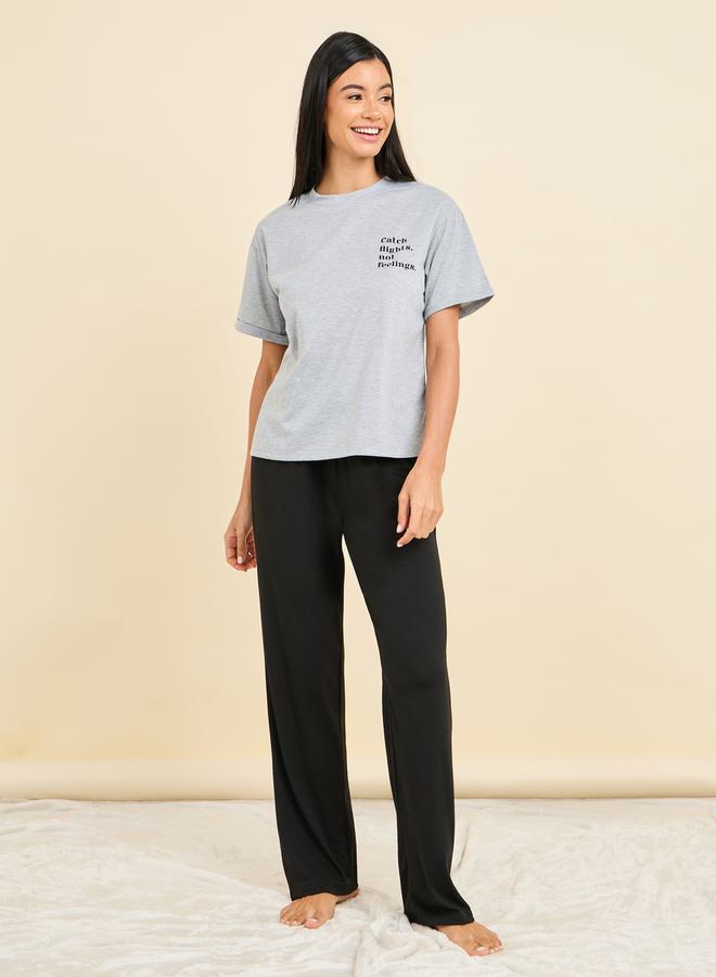 Styli Melange Slogan Print T-Shirt & Pyjama Set  - Image 1