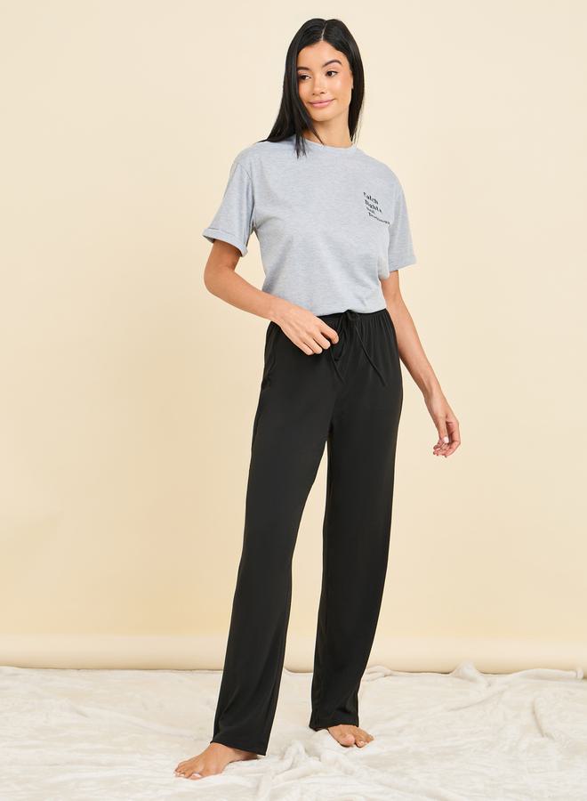 Styli Melange Slogan Print T-Shirt & Pyjama Set  - Image 4