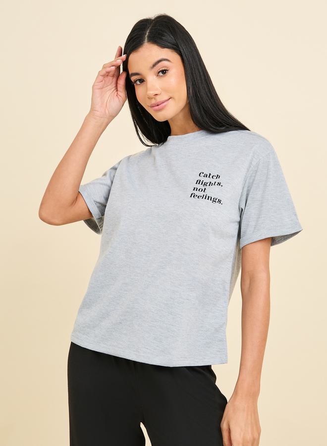 Styli Melange Slogan Print T-Shirt & Pyjama Set  - Image 2