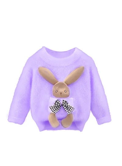 LITTLE SURPRISE BOX Purple with 3d Bunny Kids Cardigan Sweater, Round Neck