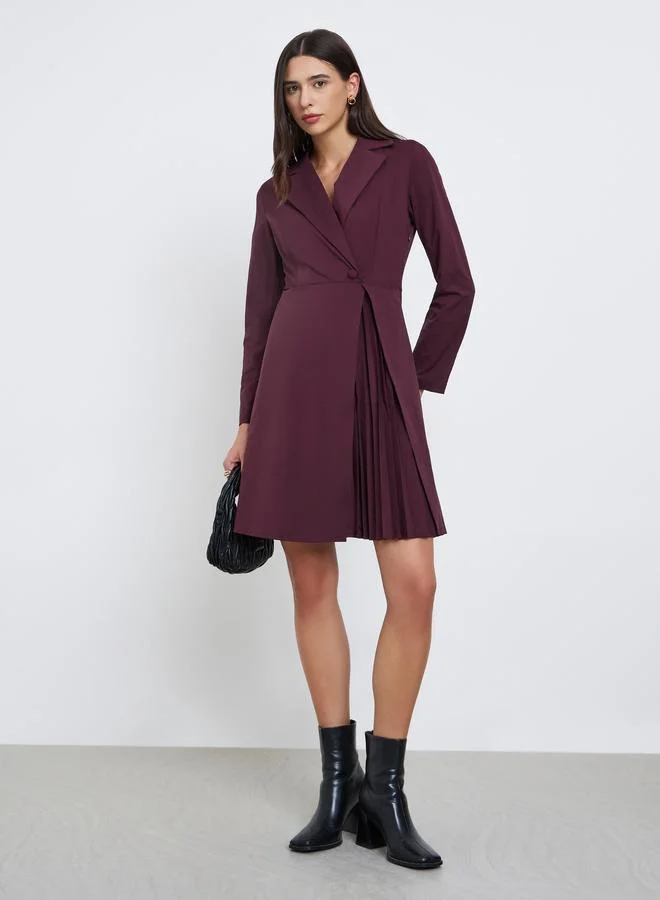 Styli Styli Burgundy Pleated Wrap Front Blazer Dress