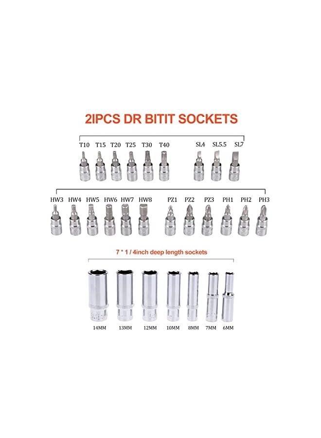 Beauenty Carbon Steel Chrome Car Repair Ratchet Set Tool, 1/4" Swivel Sockets |Quick Release Ratchet | Extension Bars and Adapters Drill Bit Multifunction Repair Tool (53pcs) - Image 5