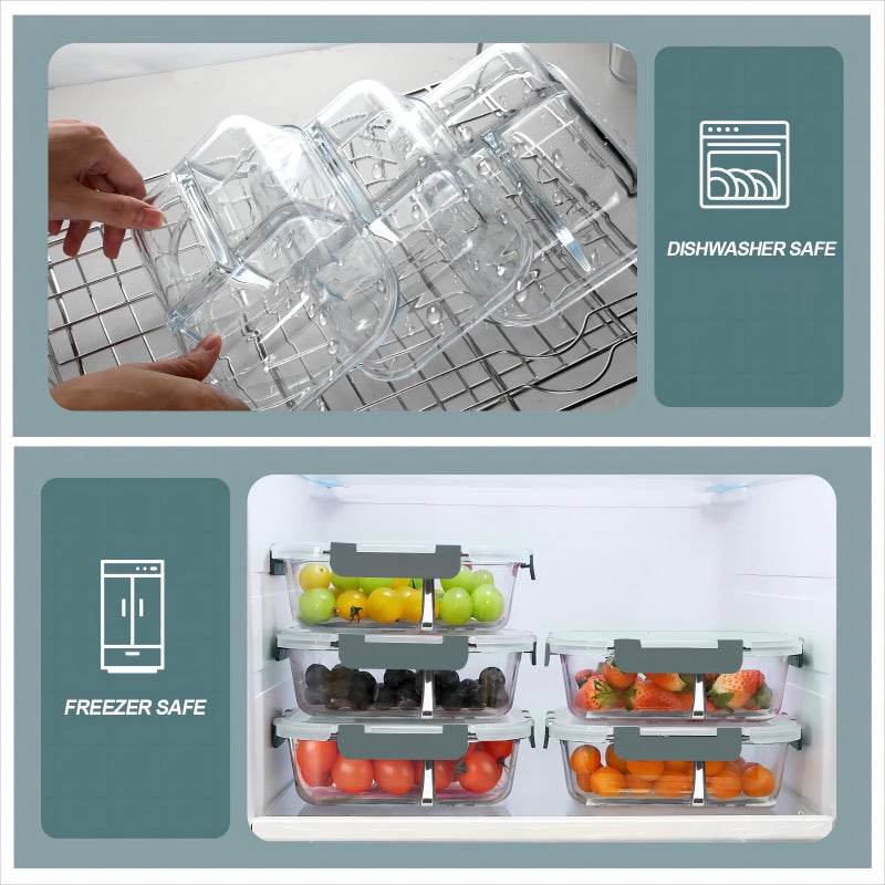 KOMUEE Glass Meal Prep Containers 3 Compartments, 5 Pack 36 oz, Glass Food Storage Containers with Lids, Airtight Lunch Bento Box, Portion Control, Freezer and Microwave Safe - Image 2