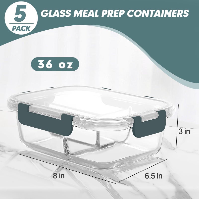 KOMUEE Glass Meal Prep Containers 3 Compartments, 5 Pack 36 oz, Glass Food Storage Containers with Lids, Airtight Lunch Bento Box, Portion Control, Freezer and Microwave Safe - Image 4