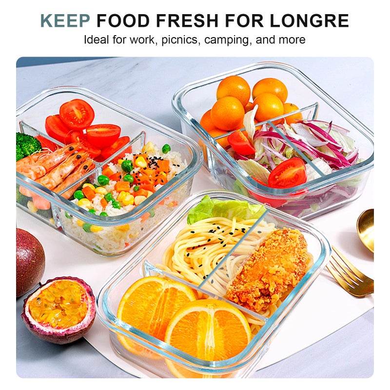 KOMUEE Glass Meal Prep Containers 3 Compartments, 5 Pack 36 oz, Glass Food Storage Containers with Lids, Airtight Lunch Bento Box, Portion Control, Freezer and Microwave Safe - Image 5