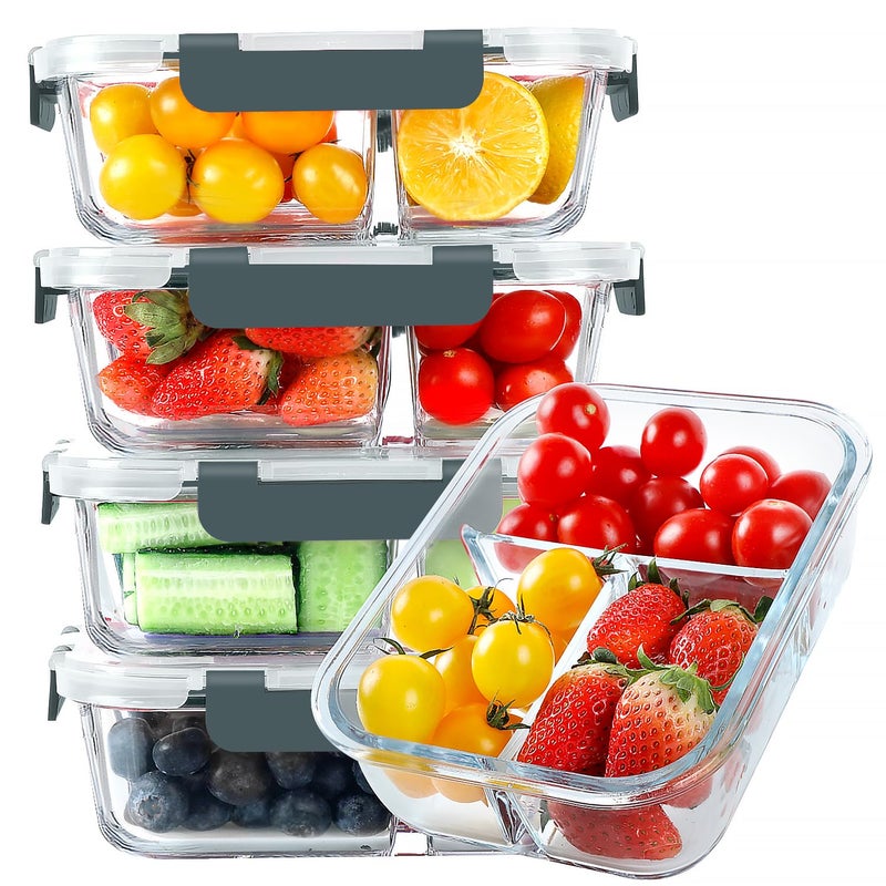 KOMUEE Glass Meal Prep Containers 3 Compartments, 5 Pack 36 oz, Glass Food Storage Containers with Lids, Airtight Lunch Bento Box, Portion Control, Freezer and Microwave Safe - Image 1