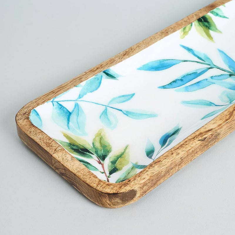 SAAGA Enamelled Print Mango Wood Rectangular Platter - 12 Inch X 5 Inch - Tray for Kitchen & Dining, Ideal for Snacks, Fruits, & Desserts - White and Aquamarine - Image 4