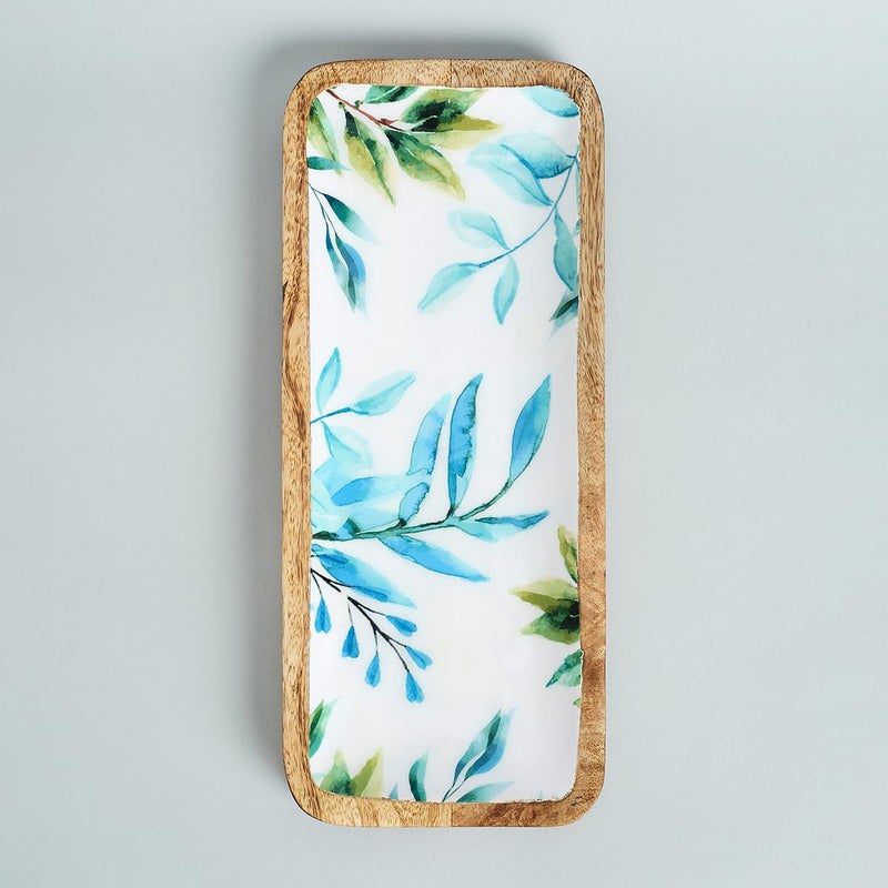 SAAGA Enamelled Print Mango Wood Rectangular Platter - 12 Inch X 5 Inch - Tray for Kitchen & Dining, Ideal for Snacks, Fruits, & Desserts - White and Aquamarine - Image 5