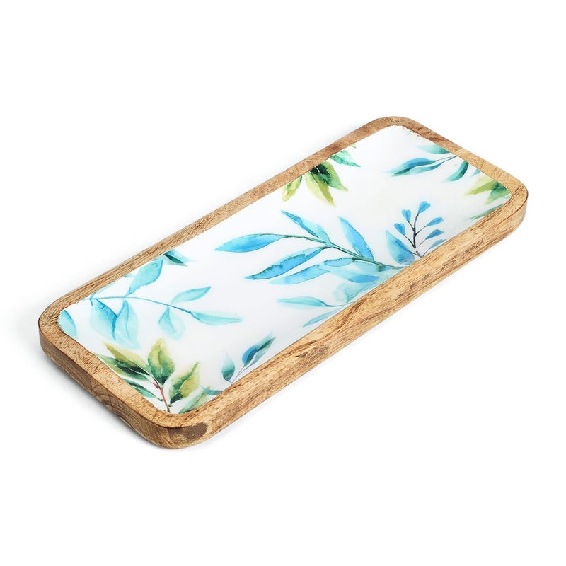 SAAGA Enamelled Print Mango Wood Rectangular Platter - 12 Inch X 5 Inch - Tray for Kitchen & Dining, Ideal for Snacks, Fruits, & Desserts - White and Aquamarine - Image 1