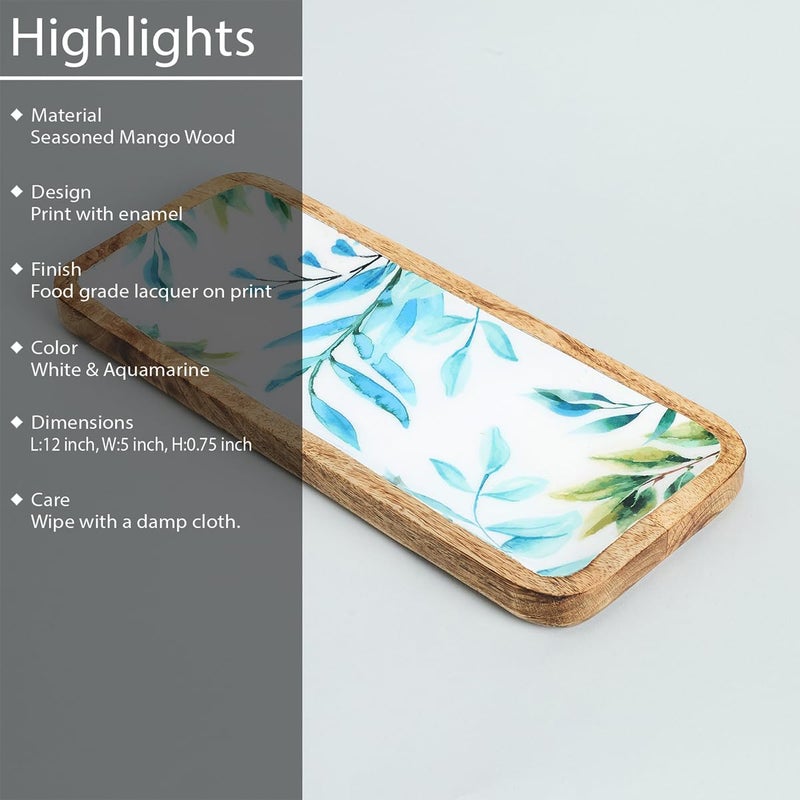SAAGA Enamelled Print Mango Wood Rectangular Platter - 12 Inch X 5 Inch - Tray for Kitchen & Dining, Ideal for Snacks, Fruits, & Desserts - White and Aquamarine - Image 3