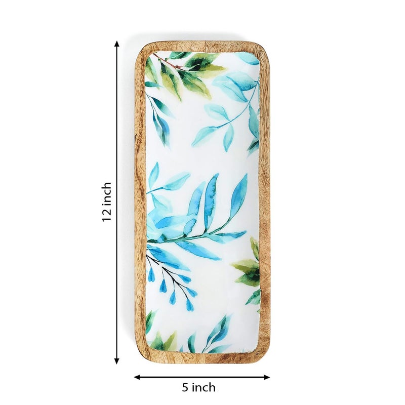 SAAGA Enamelled Print Mango Wood Rectangular Platter - 12 Inch X 5 Inch - Tray for Kitchen & Dining, Ideal for Snacks, Fruits, & Desserts - White and Aquamarine - Image 2
