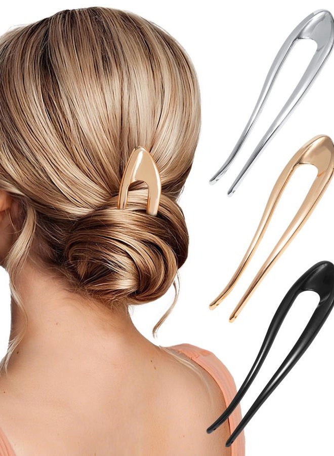 CHLINS French Hair Pins for Women 3 PCS Metal U-Shaped Hair Forks Sticks for Buns,Twist, Chignon & Updos – Secure All-Day Hold - Image 1