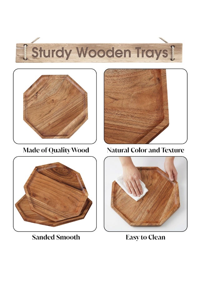 AURIO Set of 2 Premium Octagonal Pine Wood Serving Tray – Geometric Decorative Wooden Platter with Raised Edges – Lightweight Rustic Ottoman Tray for Coffee Table, Breakfast in Bed, and Party Appetizers – Handcrafted Minimalist Home Décor 19.8 & 24.8 cm - Image 4