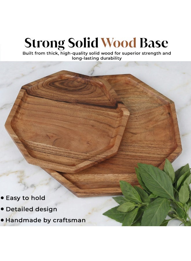 AURIO Set of 2 Premium Octagonal Pine Wood Serving Tray – Geometric Decorative Wooden Platter with Raised Edges – Lightweight Rustic Ottoman Tray for Coffee Table, Breakfast in Bed, and Party Appetizers – Handcrafted Minimalist Home Décor 19.8 & 24.8 cm - Image 3