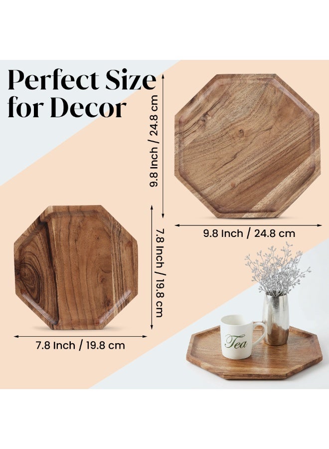 AURIO Set of 2 Premium Octagonal Pine Wood Serving Tray – Geometric Decorative Wooden Platter with Raised Edges – Lightweight Rustic Ottoman Tray for Coffee Table, Breakfast in Bed, and Party Appetizers – Handcrafted Minimalist Home Décor 19.8 & 24.8 cm - Image 5