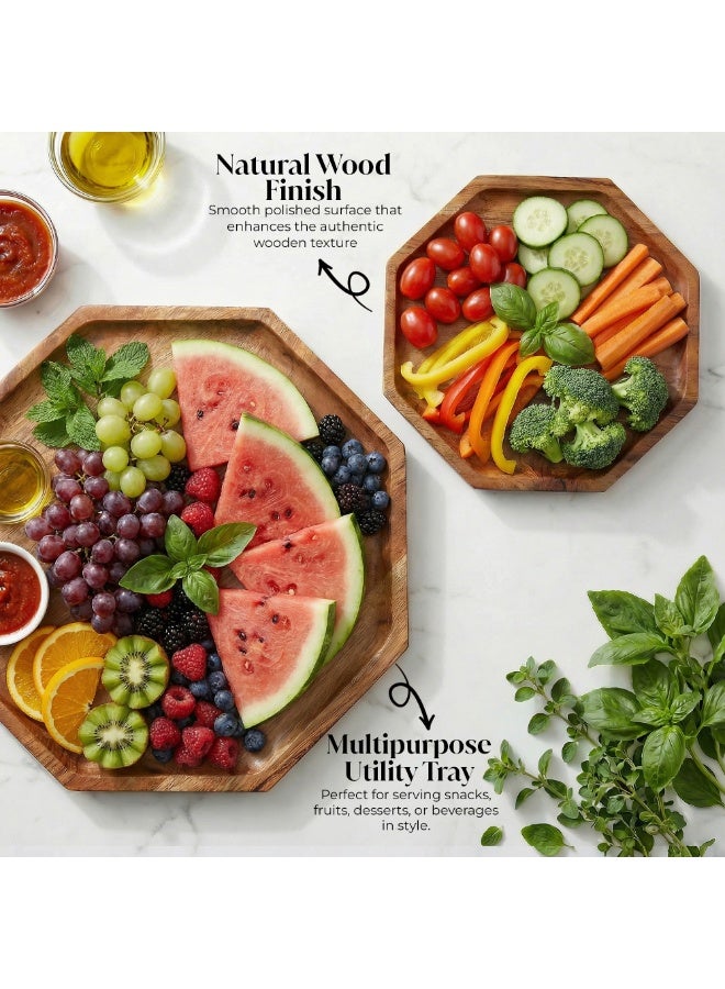 AURIO Set of 2 Premium Octagonal Pine Wood Serving Tray – Geometric Decorative Wooden Platter with Raised Edges – Lightweight Rustic Ottoman Tray for Coffee Table, Breakfast in Bed, and Party Appetizers – Handcrafted Minimalist Home Décor 19.8 & 24.8 cm - Image 2