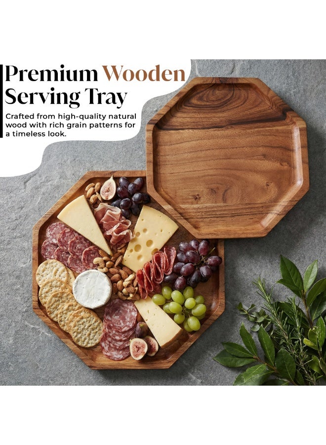 AURIO Set of 2 Premium Octagonal Pine Wood Serving Tray – Geometric Decorative Wooden Platter with Raised Edges – Lightweight Rustic Ottoman Tray for Coffee Table, Breakfast in Bed, and Party Appetizers – Handcrafted Minimalist Home Décor 19.8 & 24.8 cm - Image 1