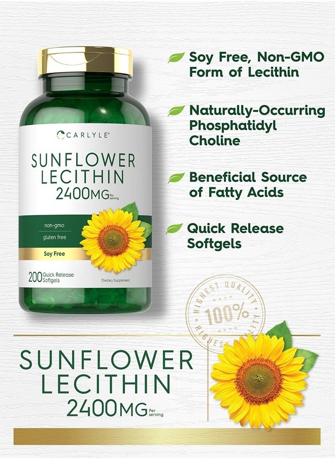 CARLYLE - Sunflower Lecithin Softgel Capsules | 2400mg | 200 Count | Rich in Phosphatidyl Choline | Non-GMO, Soy Free, Gluten Free Supplement - Image 1