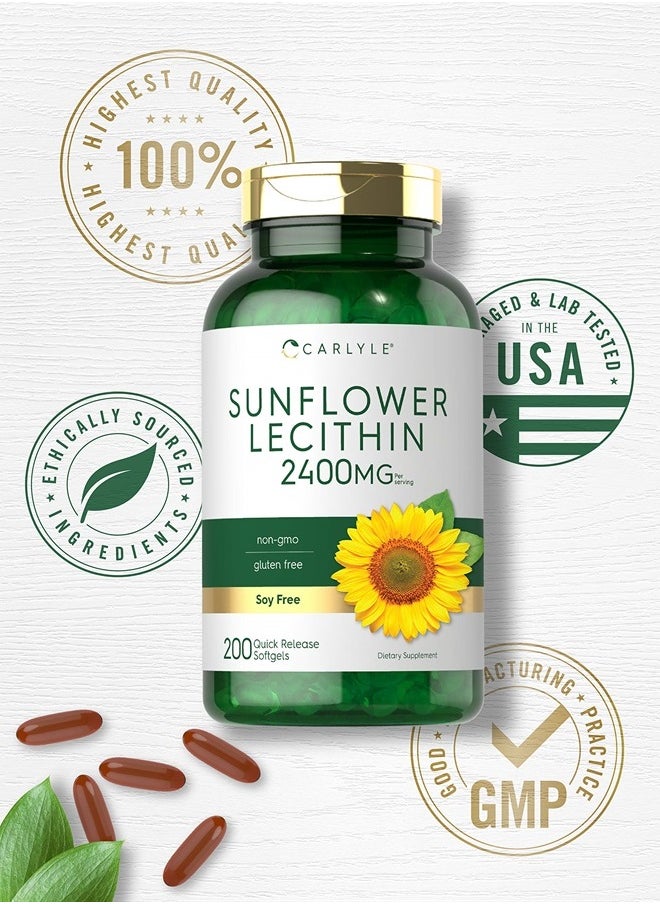 CARLYLE - Sunflower Lecithin Softgel Capsules | 2400mg | 200 Count | Rich in Phosphatidyl Choline | Non-GMO, Soy Free, Gluten Free Supplement - Image 1
