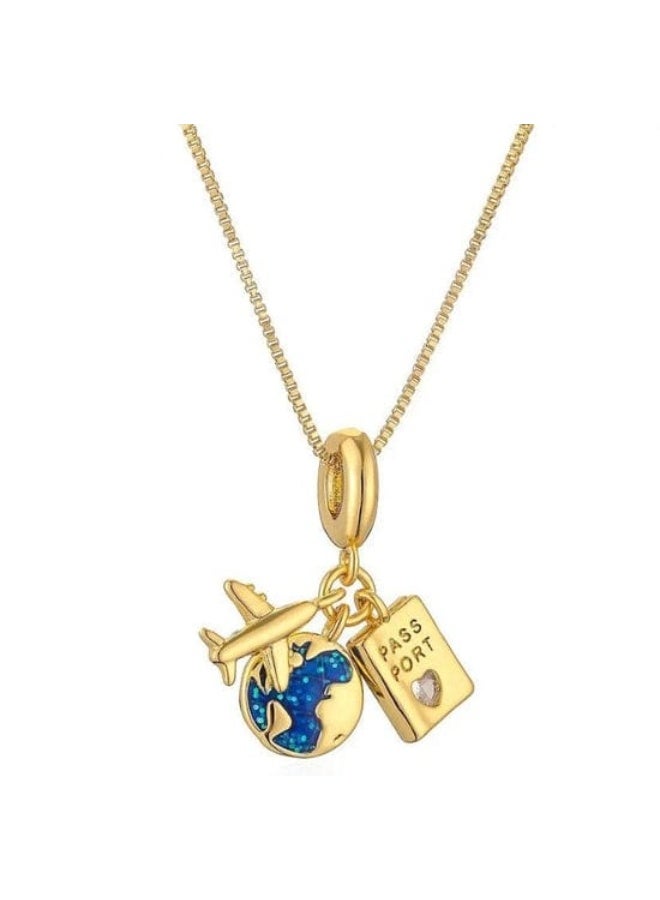 Luxuria A gold necklace with three detailed pendants: an airplane, a blue planet, and a passport. For women. - Image 1